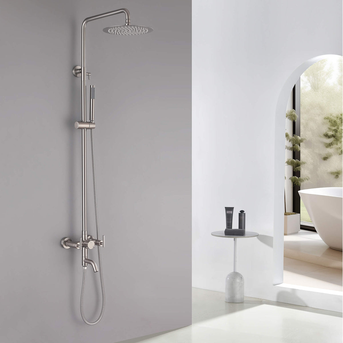 Dual-Handle Cylindrical Shower Column with Rain Head & Tub Spout