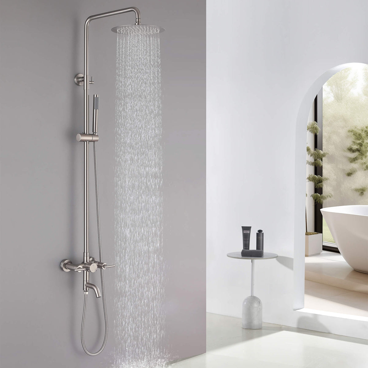 Dual-Handle Cylindrical Shower Column with Rain Head & Tub Spout