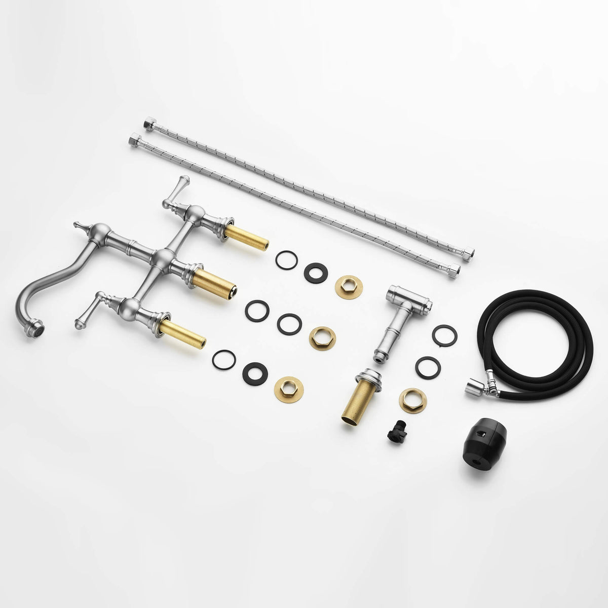 Kitchen bridge faucet with side sprayer, supply hoses and installation hardware