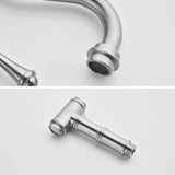 Close-up of kitchen bridge faucet aerator and matching brushed nickel side sprayer