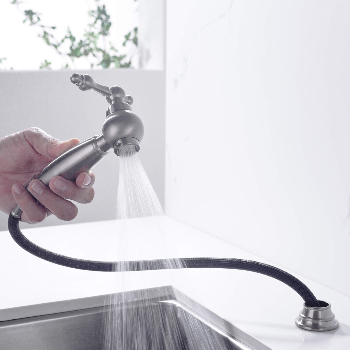 8-Inch Bridge Kitchen Faucet with Side Sprayer 360° Swivel Spout