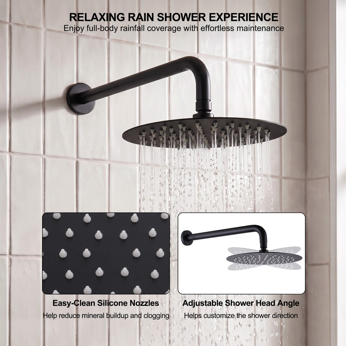 Large matte black rainfall shower head with easy clean silicone nozzles and adjustable shower arm