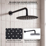 Large matte black rainfall shower head with easy clean silicone nozzles and adjustable shower arm