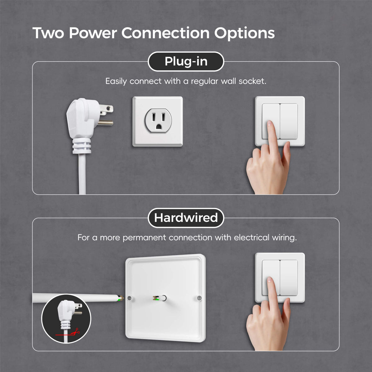 LED bathroom mirror with plug-in and hardwired power connection options