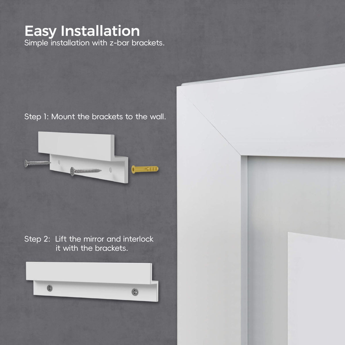 LED bathroom mirror with Z-bar brackets for easy and secure wall installation
