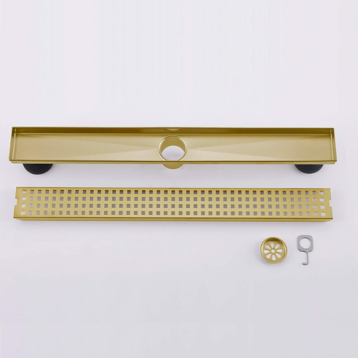 Brushed gold linear shower drain with adjustable installation feet