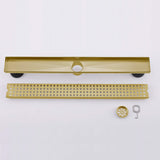Brushed gold linear shower drain with adjustable installation feet