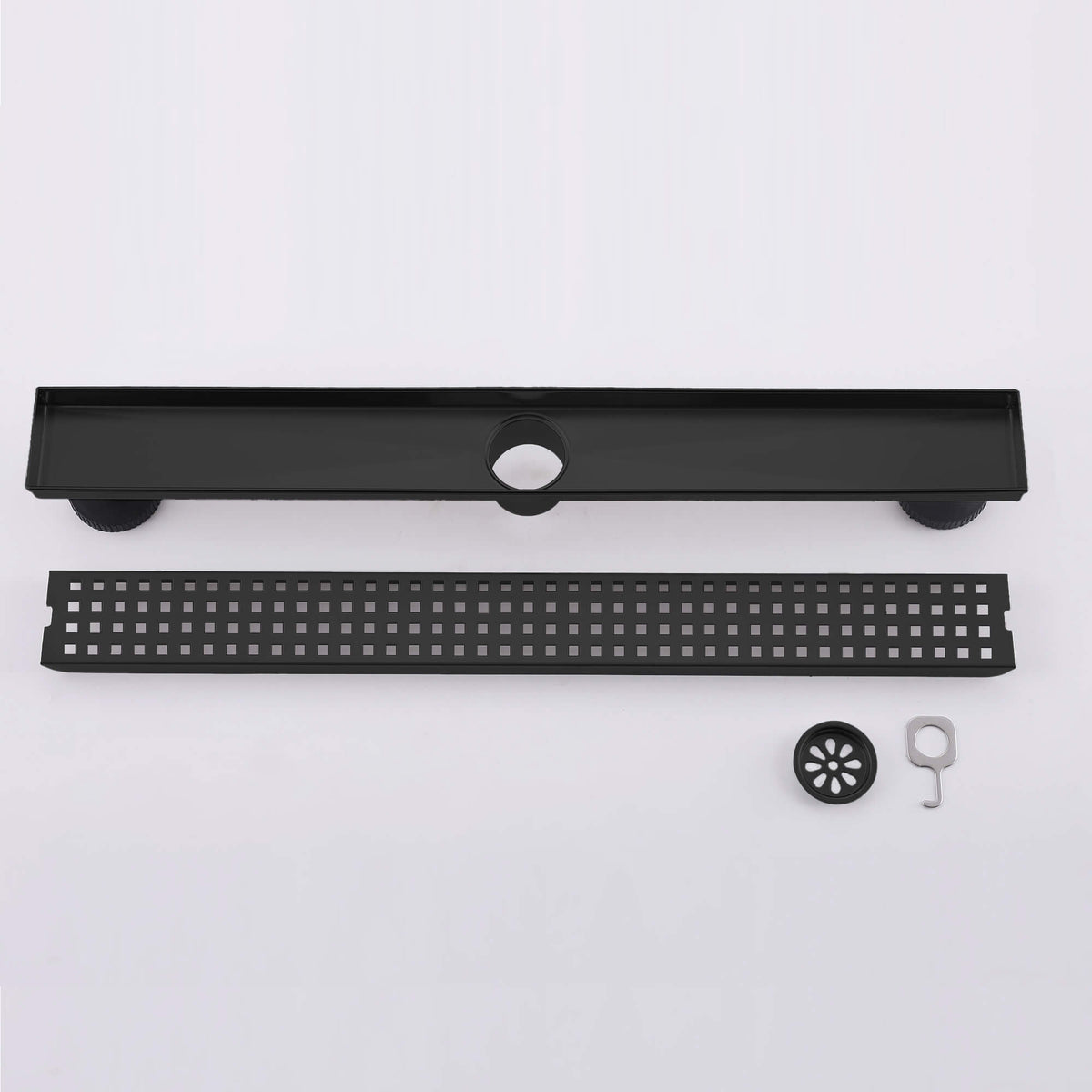 Matte black linear shower drain with adjustable installation feet