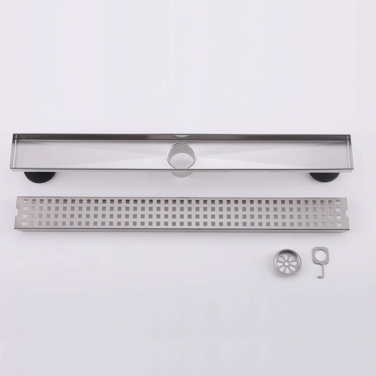 Stainless steel linear shower drain with adjustable installation feet