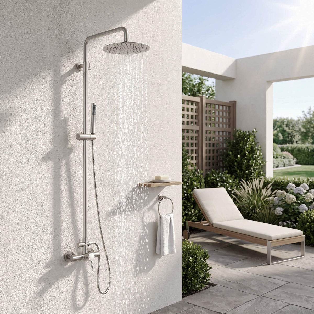 316 Stainless Steel Wall-Mounted Outdoor Shower with Rainfall Shower Head and Handheld Sprayer