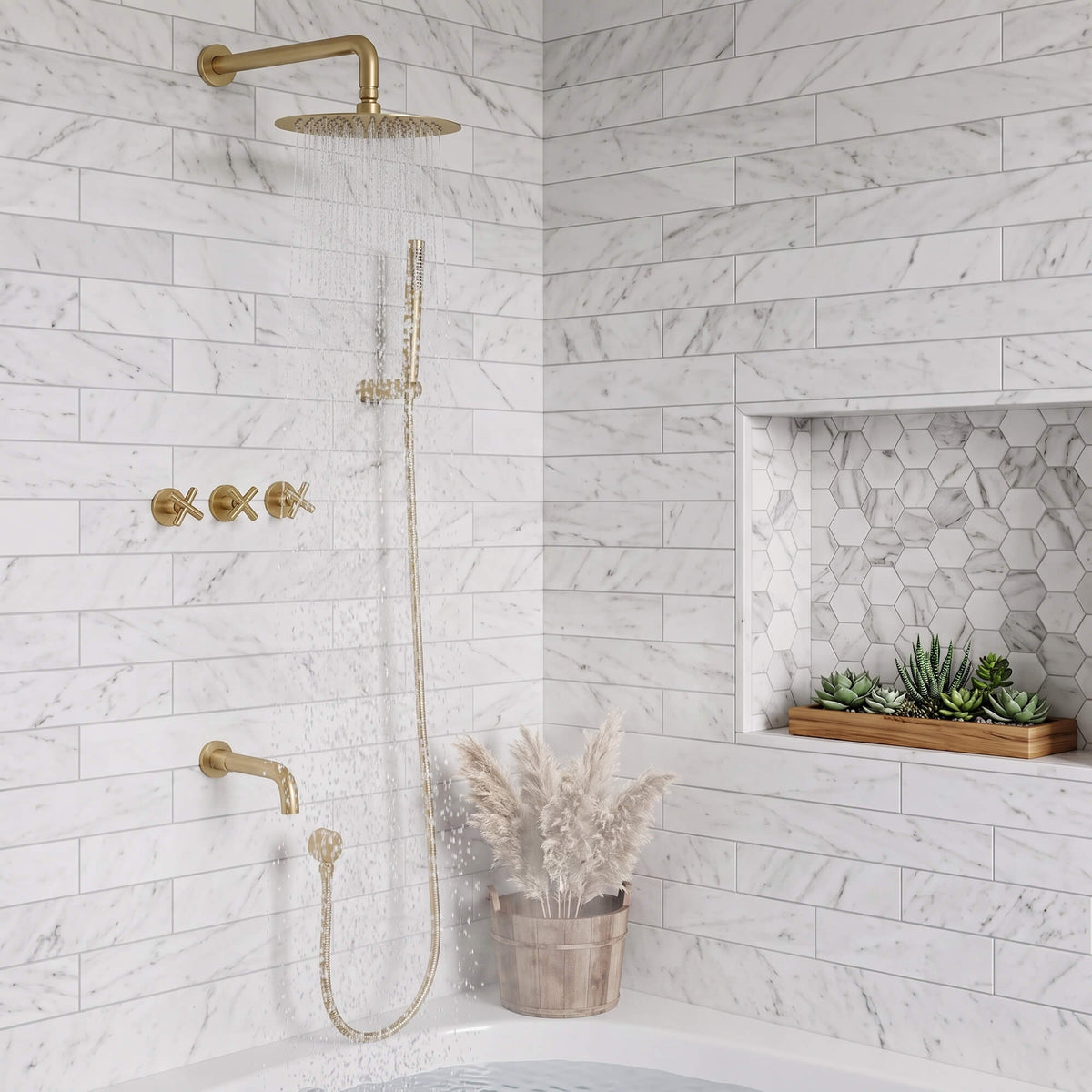 Coordinated gold shower and tub fixtures operating above a white bathtub in a marble-tile bathroom setting