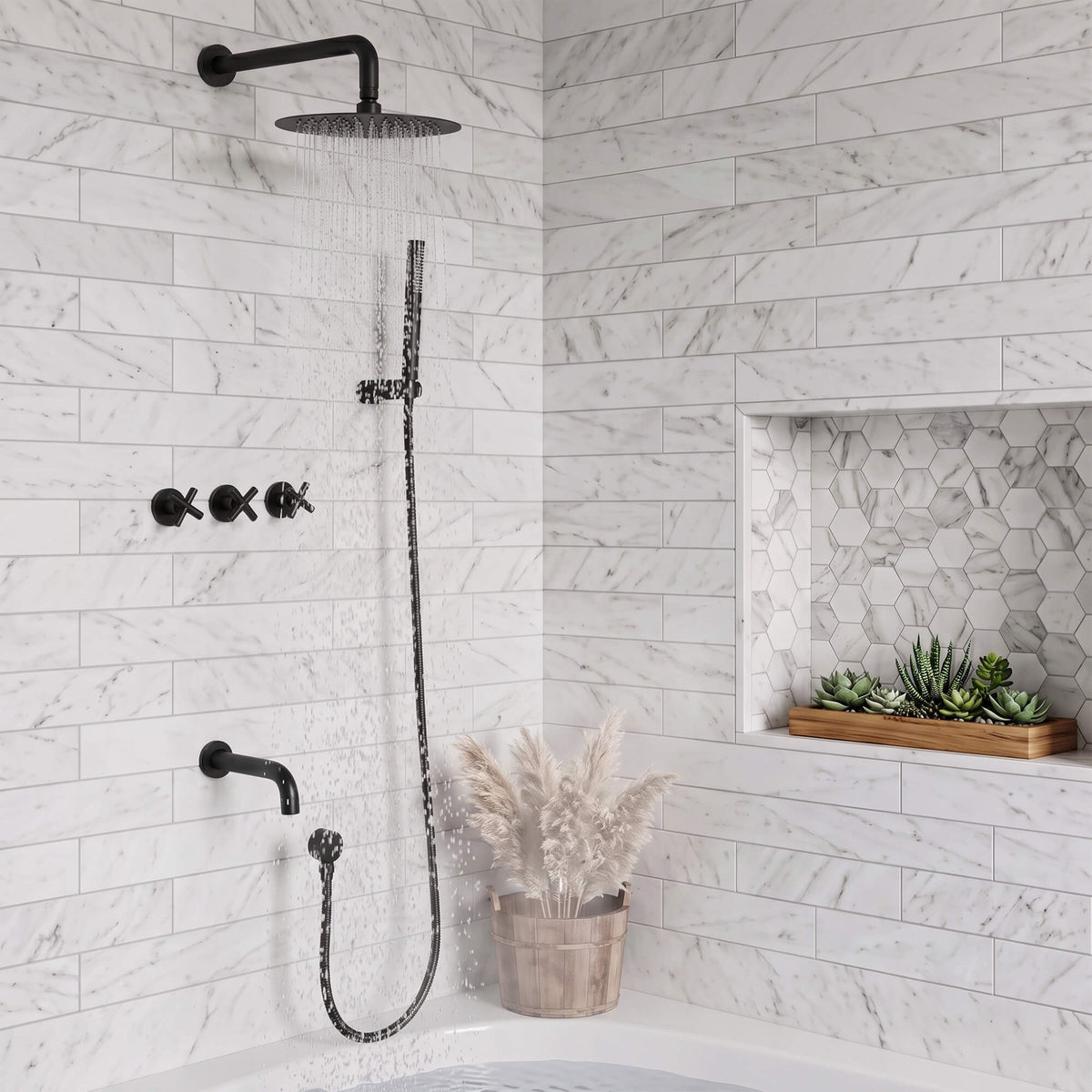 Coordinated black rainfall shower, handheld wand and tub filler operating above a white bathtub with marble-look walls