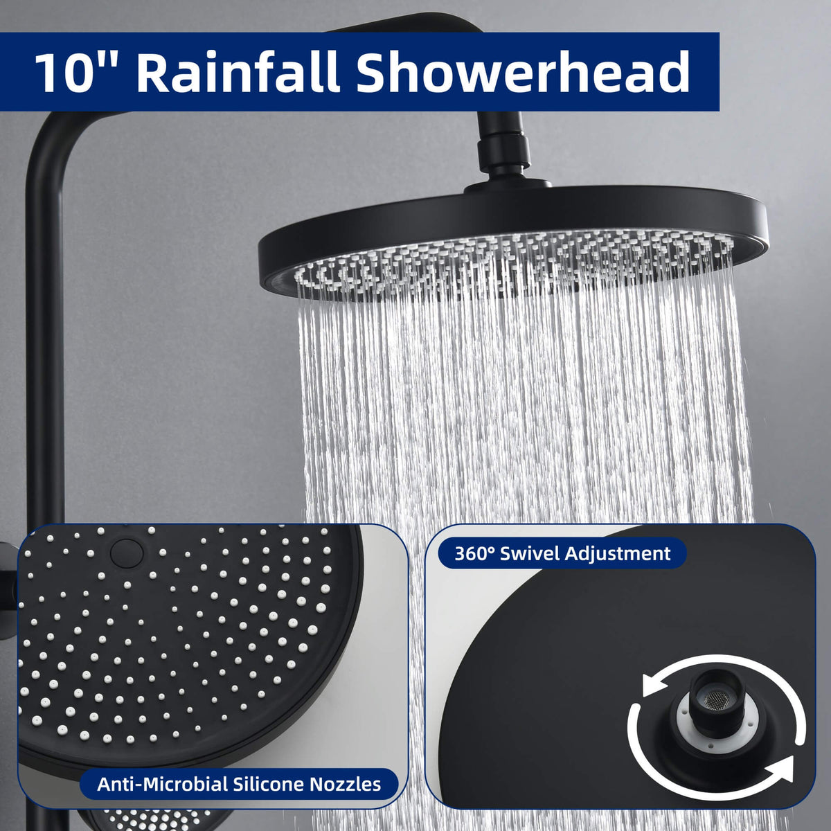 3-Function Exposed Stainless Steel Rain Shower Column with Waterfall Tub Filler