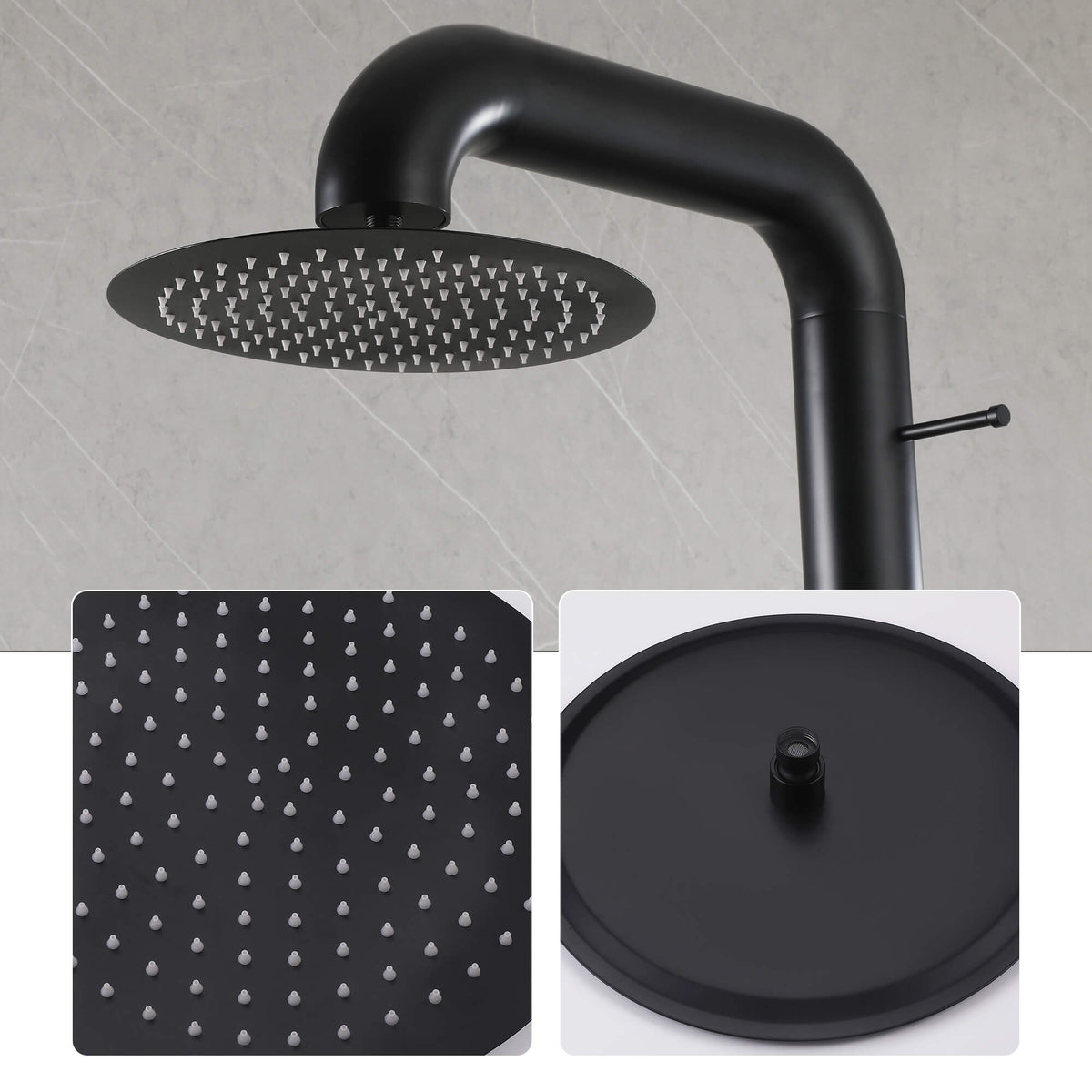 Freestanding Poolside Outdoor Shower with 12-Inch Rainfall Head, Foot Rinse Spout, Shelf & Towel Hook