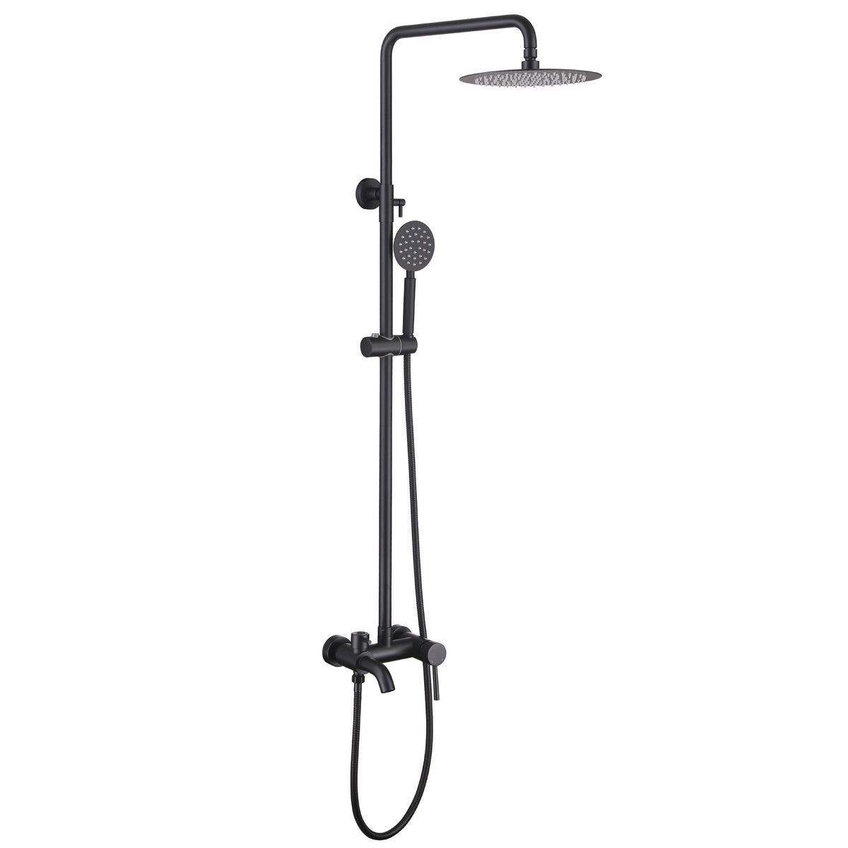 Matte black 3-function outdoor shower with rainfall shower head, handheld shower, and lower tub spout