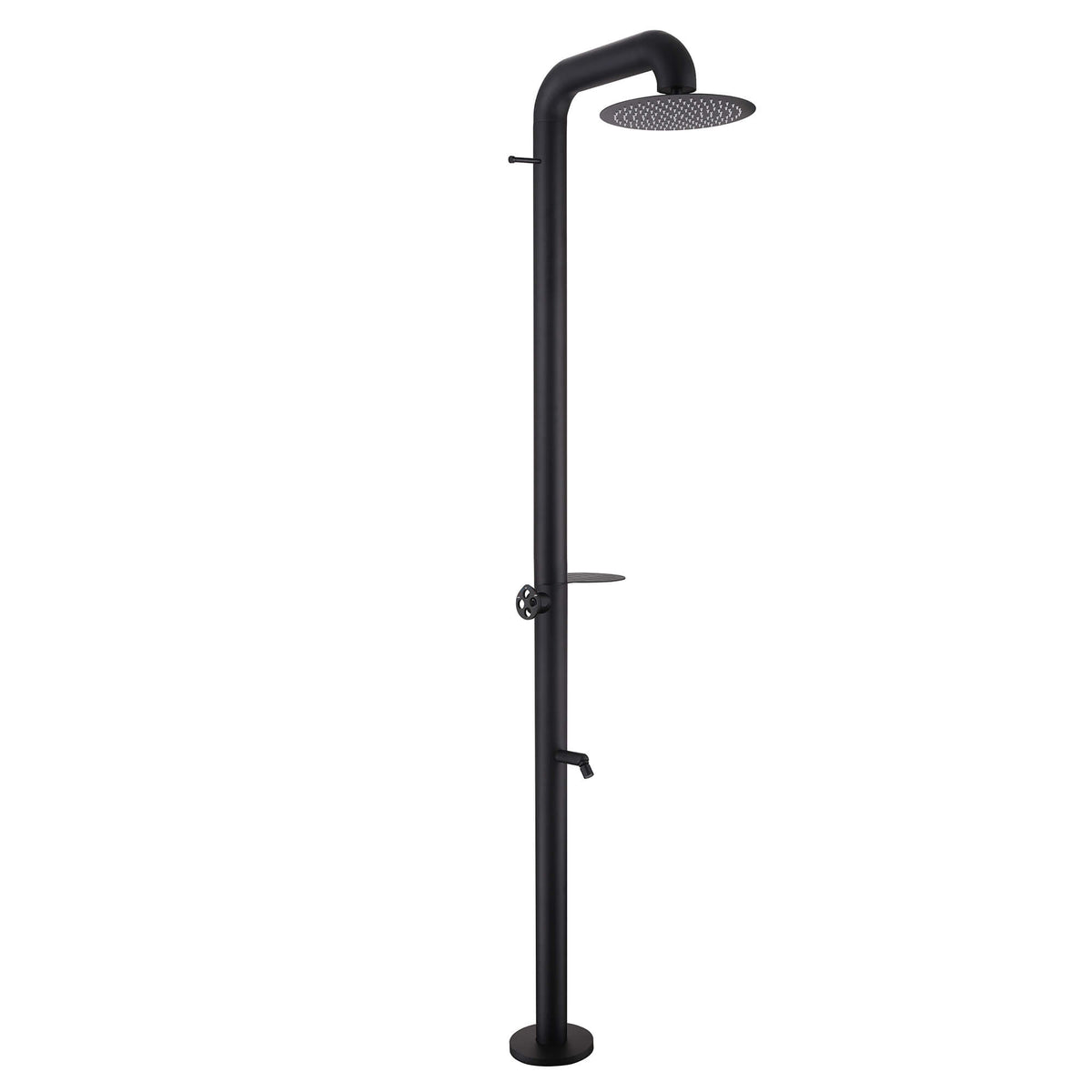 Freestanding Poolside Outdoor Shower with 12-Inch Rainfall Head, Foot Rinse Spout, Shelf & Towel Hook