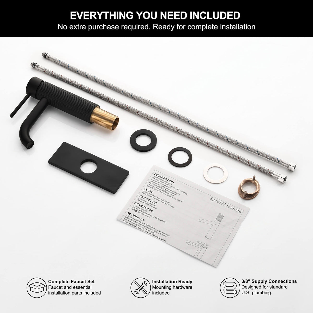 Matte black bathroom faucet complete installation kit with mounting hardware and supply lines