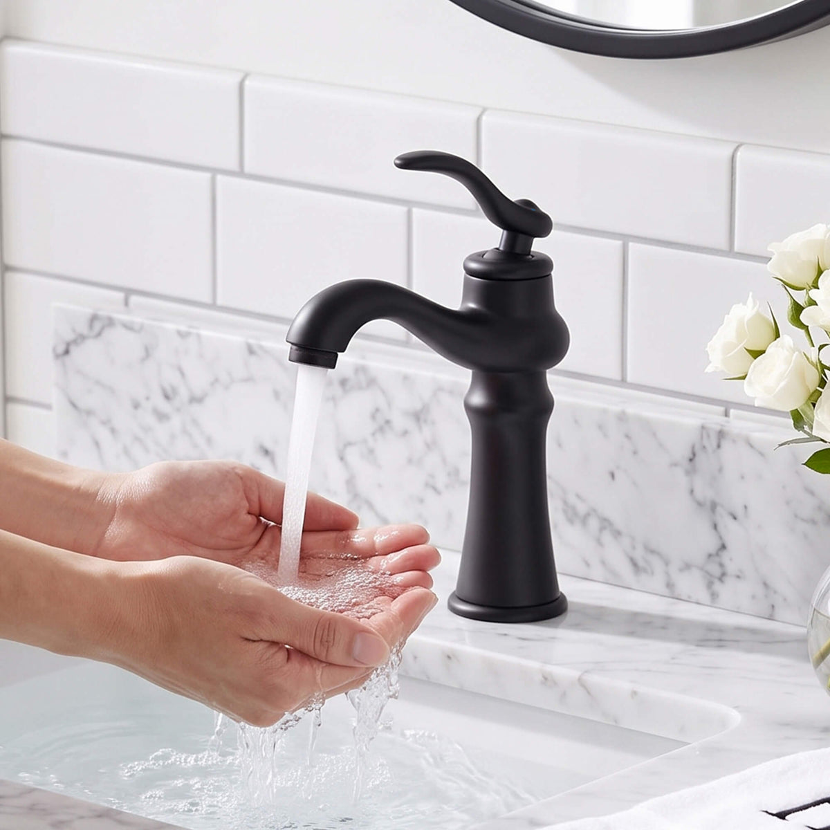 Matte black bathroom faucet providing water for everyday hand washing