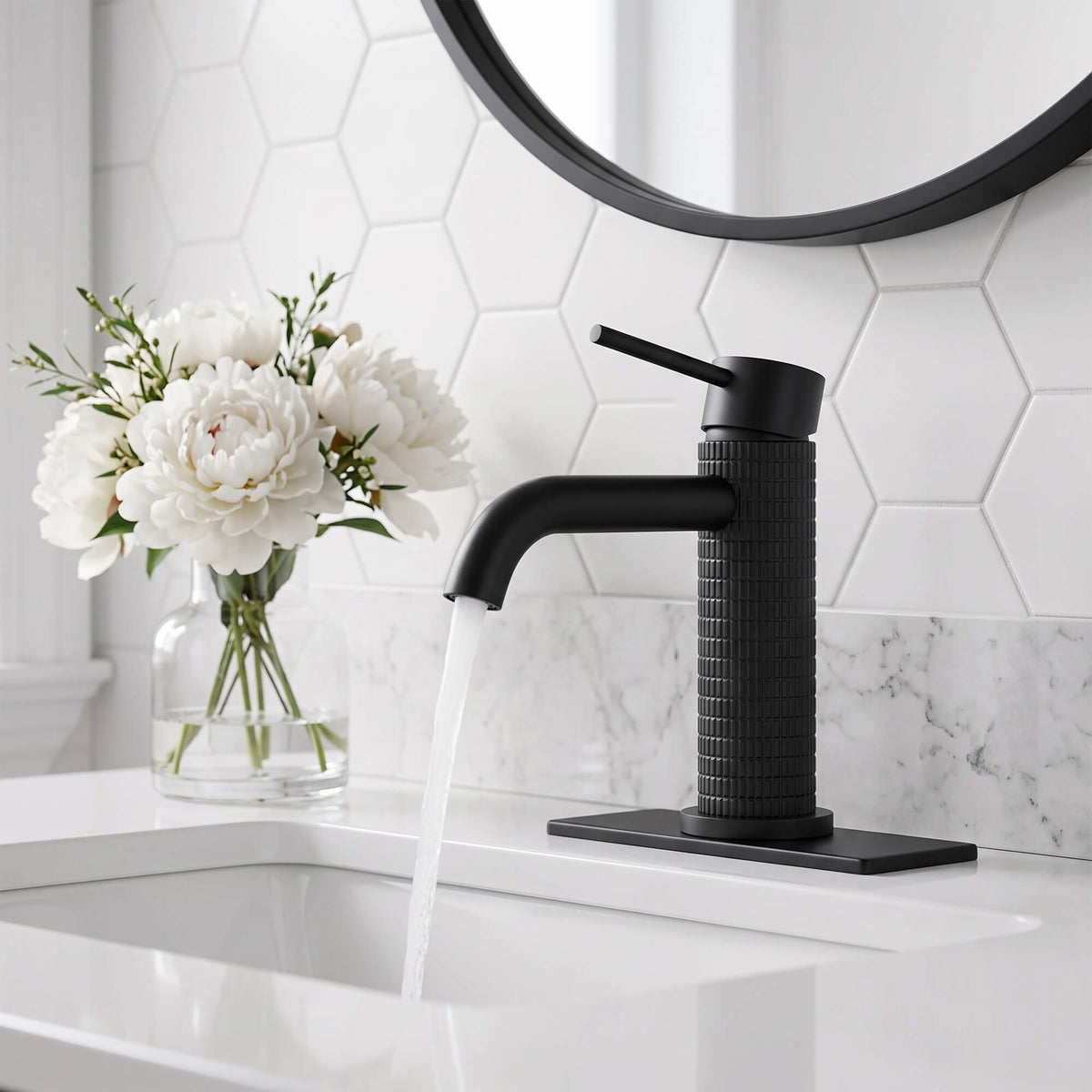 Matte black bathroom sink faucet with smooth water flow from aerator spout