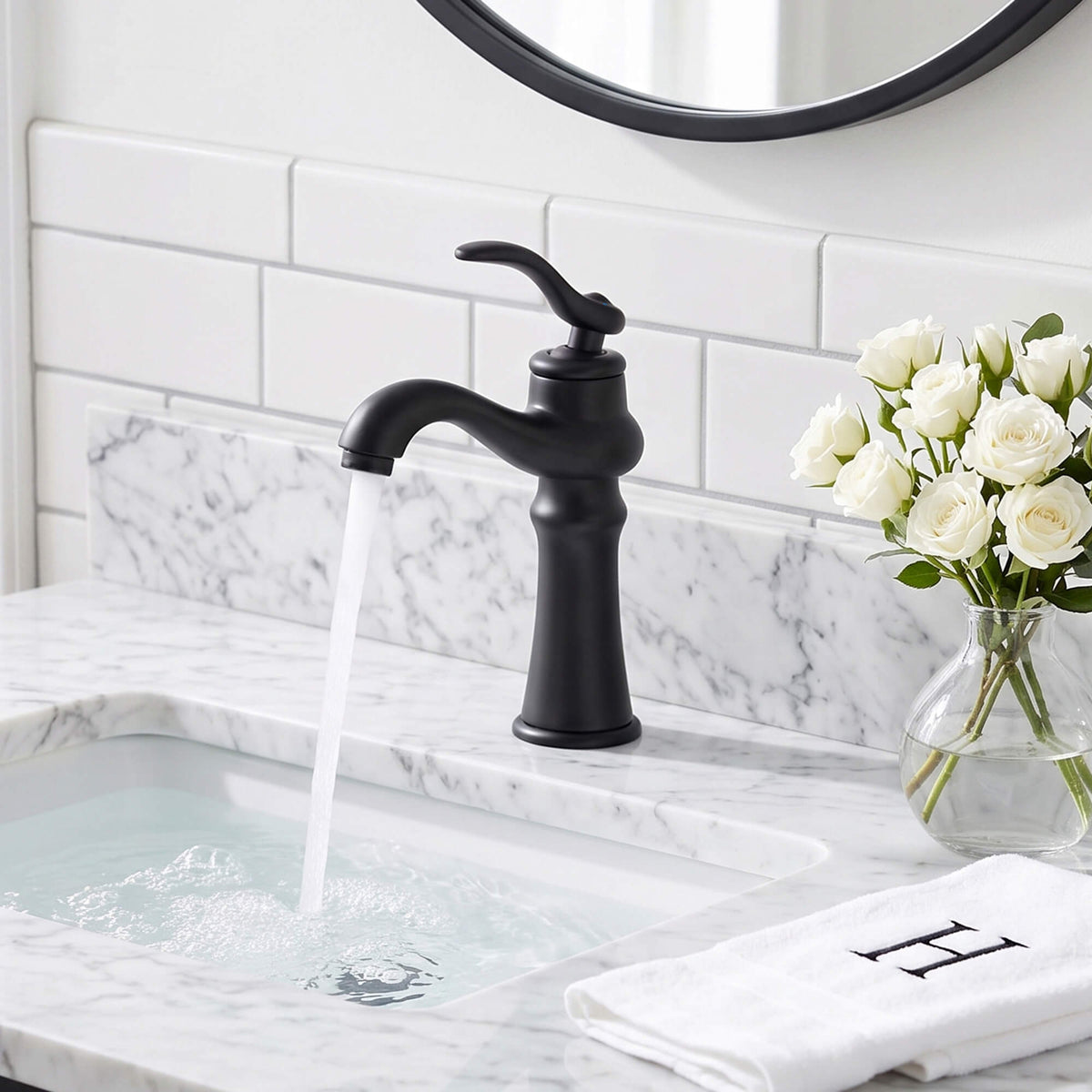Matte black bathroom sink faucet with smooth water flow performance