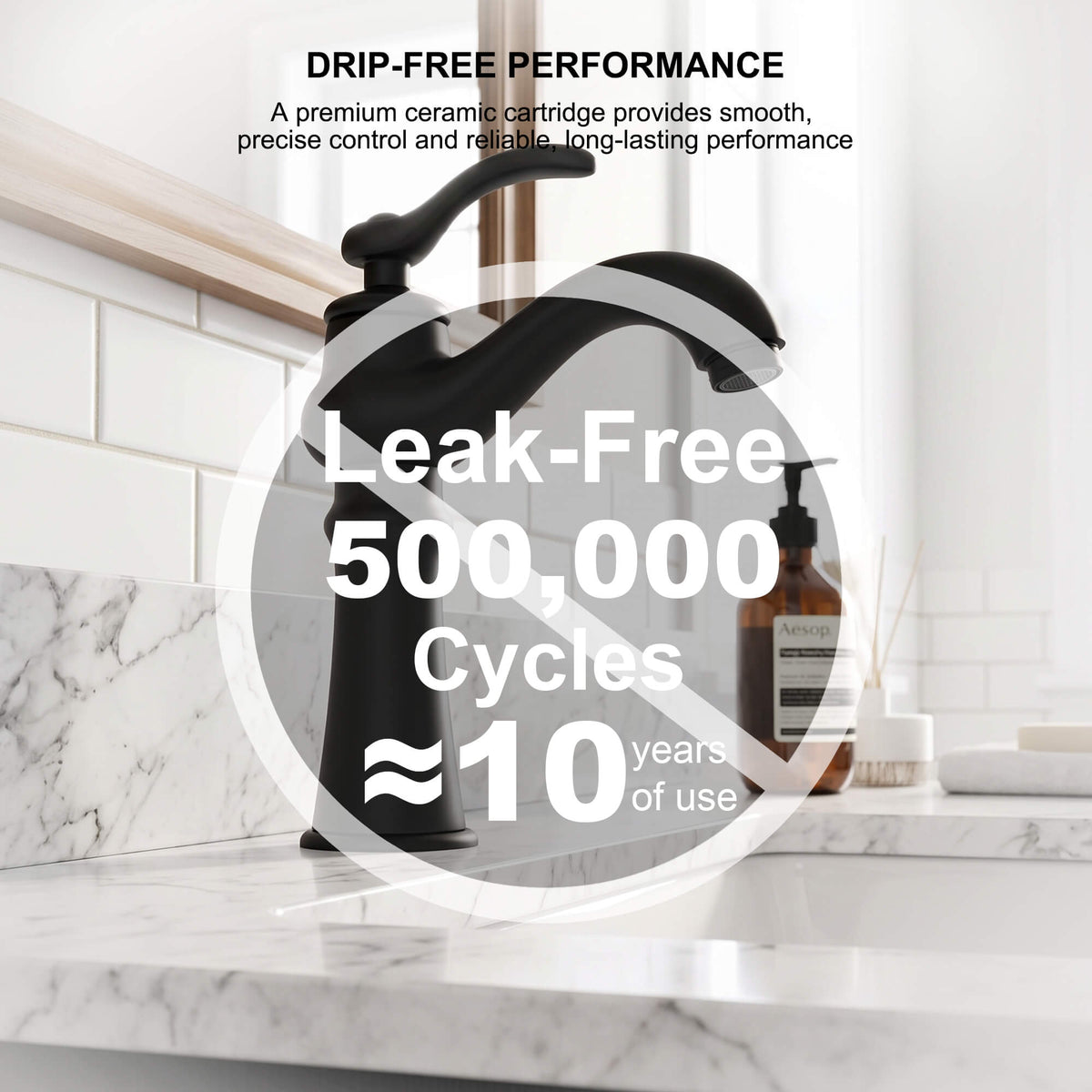 Matte black bathroom faucet featuring ceramic cartridge for leak-free performance