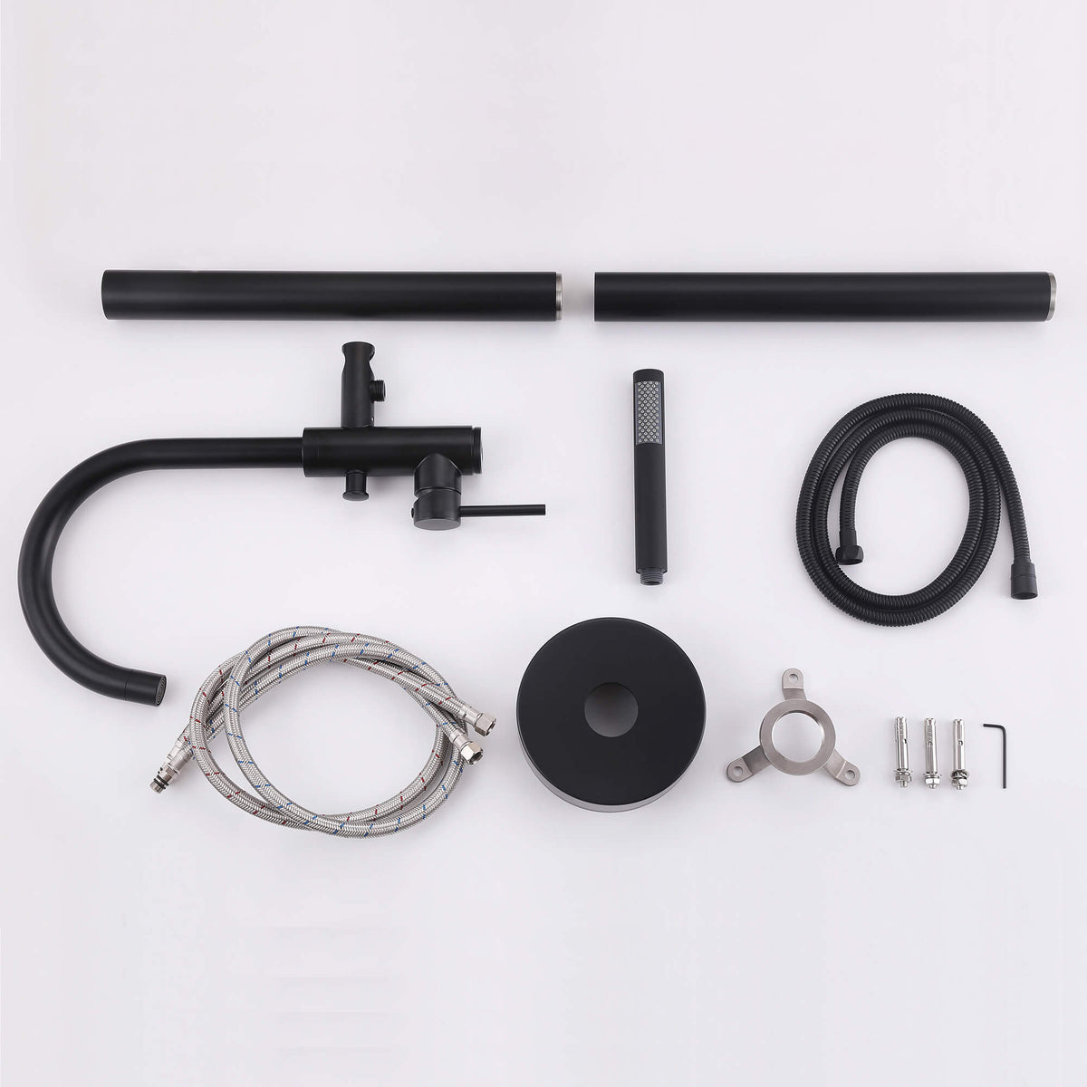 Matte black floor mount tub filler faucet with hand shower and installation parts