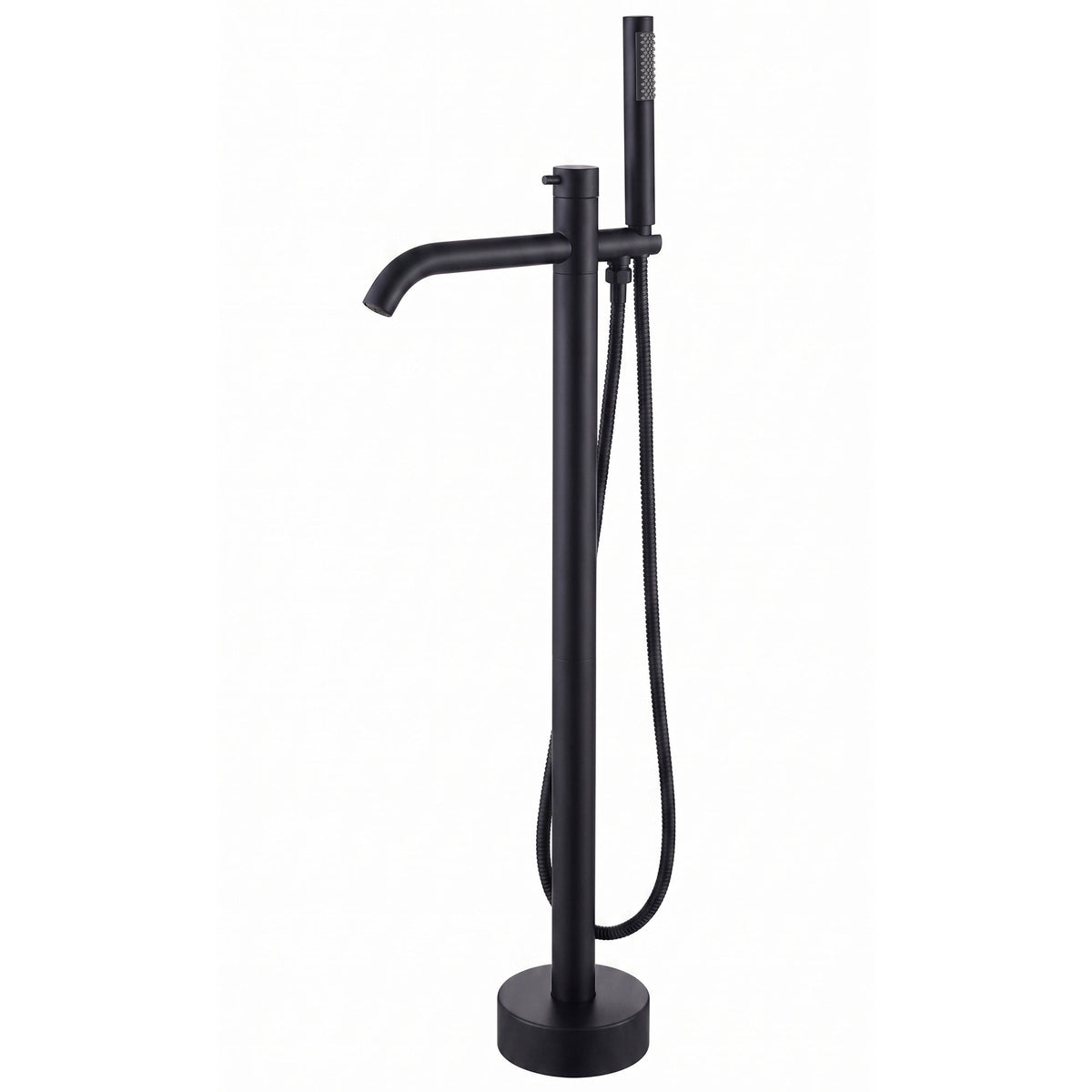 Matte black freestanding bathtub faucet with curved tub spout and handheld shower