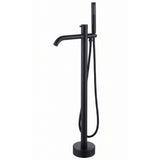 Matte black freestanding bathtub faucet with curved tub spout and handheld shower