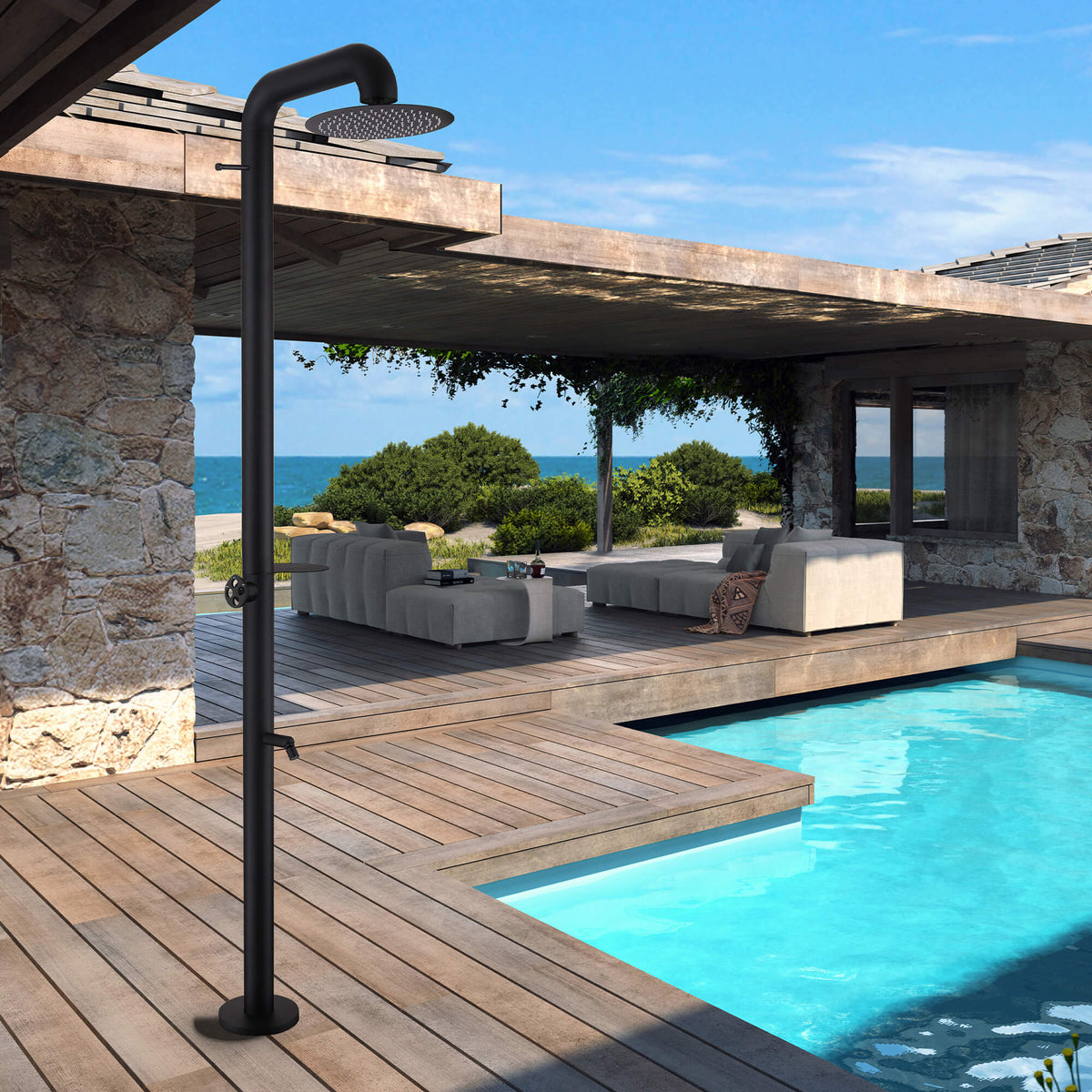 Freestanding Poolside Outdoor Shower with 12-Inch Rainfall Head, Foot Rinse Spout, Shelf & Towel Hook