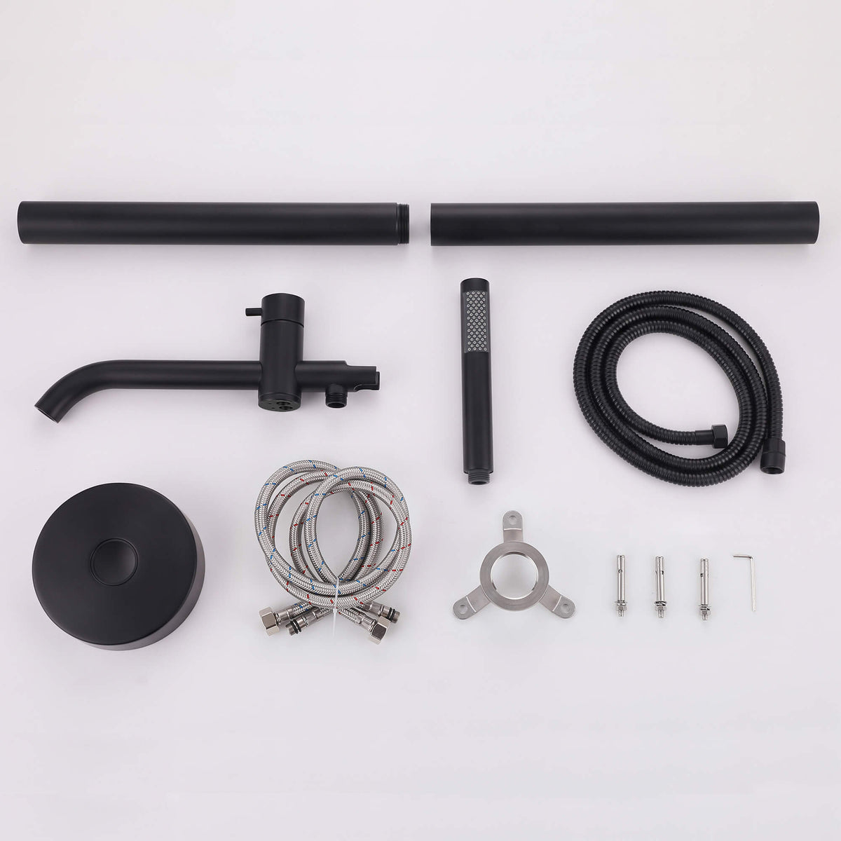 Matte black freestanding tub filler kit with hand shower, hose, supply lines, floor base, and mounting hardware