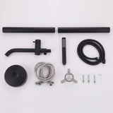 Matte black freestanding tub filler kit with hand shower, hose, supply lines, floor base, and mounting hardware
