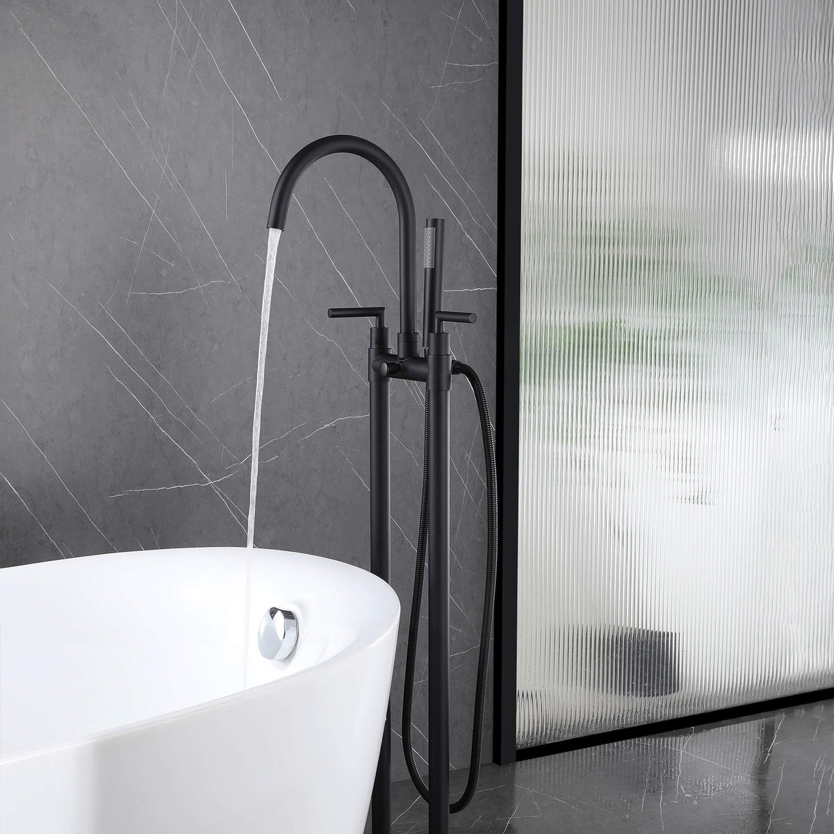 Twin-Column Freestanding Tub Filler with Dual Handles & Hand Shower