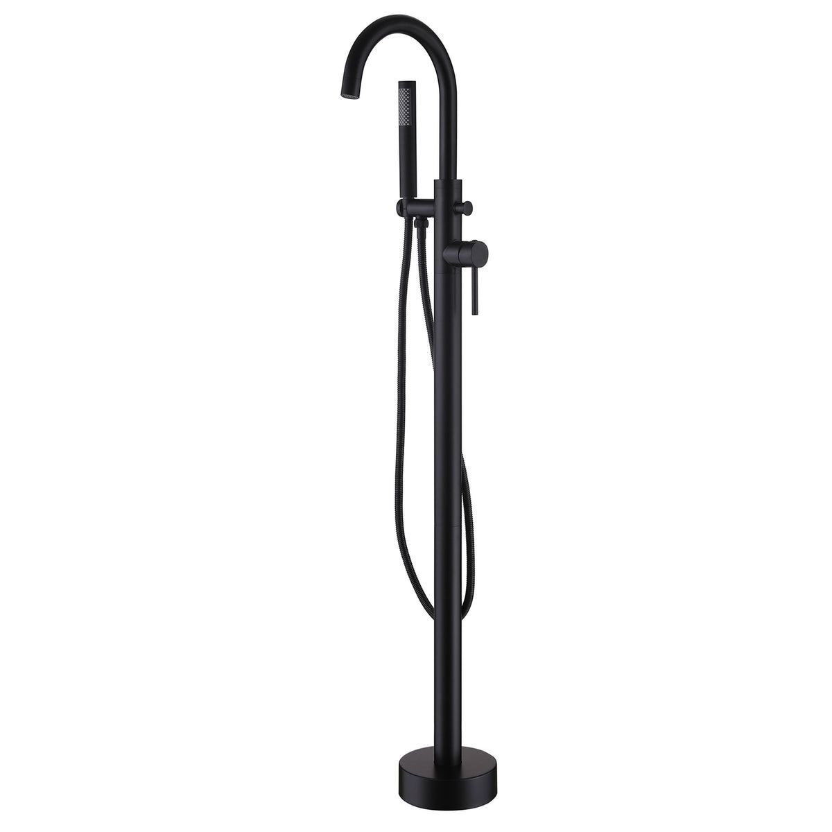 Matte black freestanding tub filler faucet with handheld shower on white background