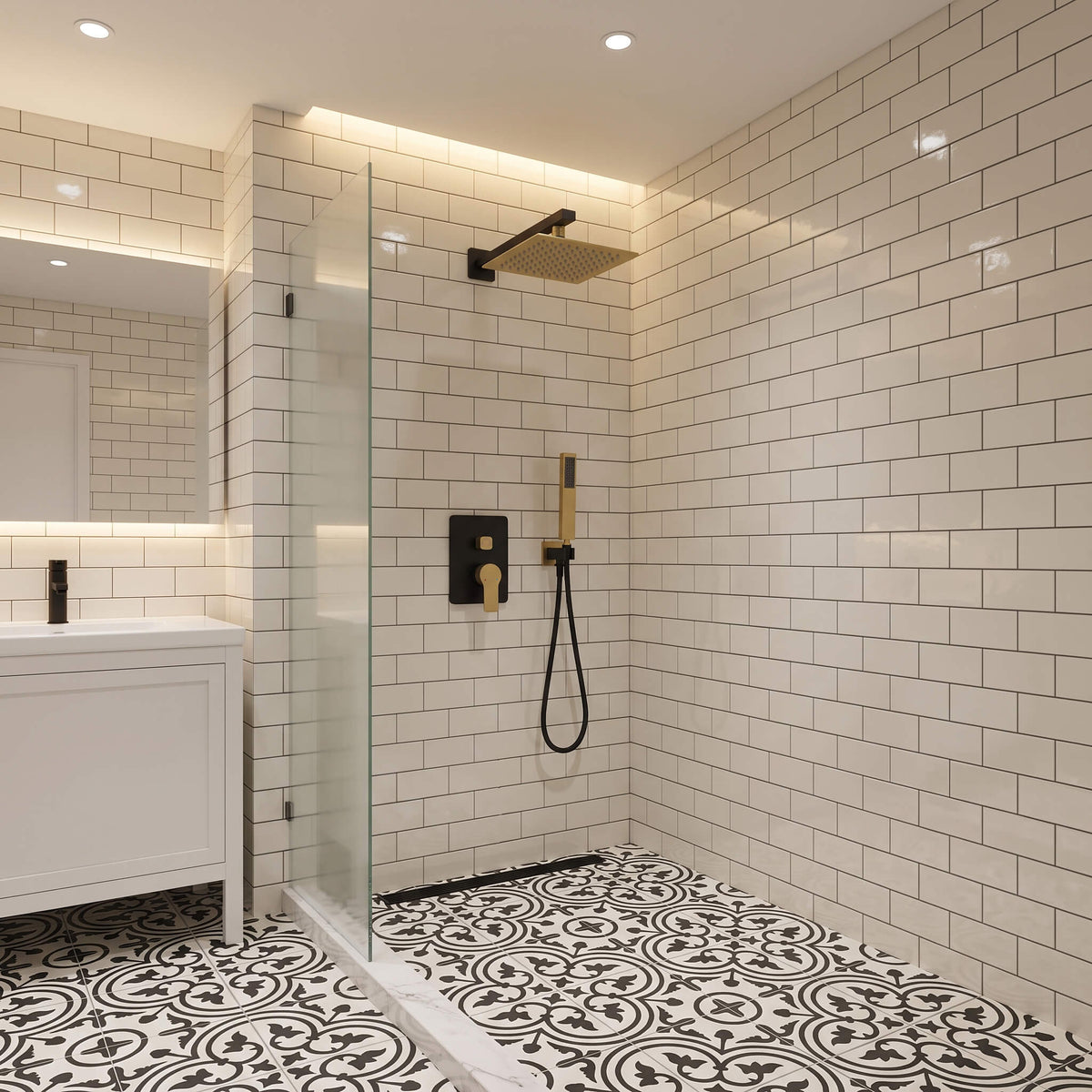 Matte black and brushed gold rain shower system installed in modern bathroom with square rainfall shower head and handheld shower