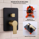 Matte black shower faucet with brushed gold handle and included rough-in valve for standard US plumbing installation