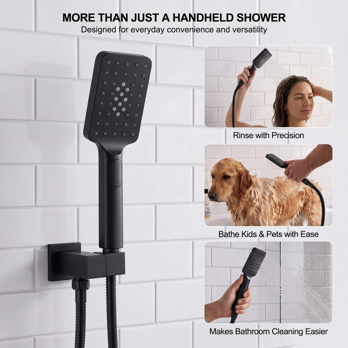 Matte black handheld shower head for hair rinsing, bathing pets and cleaning shower walls
