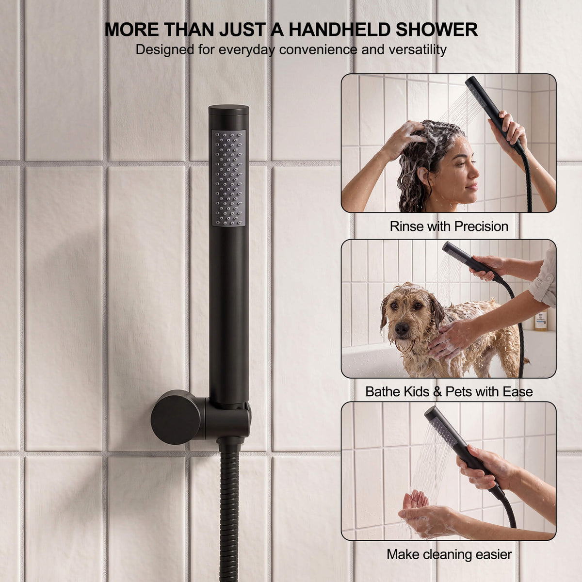 Matte black handheld shower sprayer with flexible hose for bathing, cleaning and everyday use