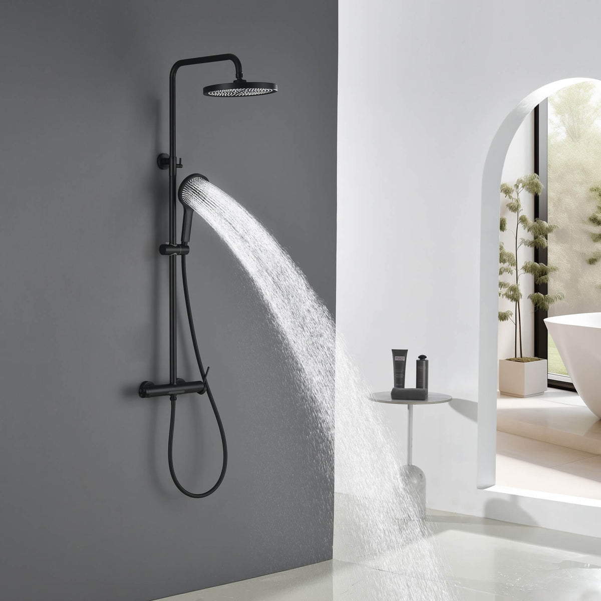 3-Function Exposed Stainless Steel Rain Shower Column with Waterfall Tub Filler