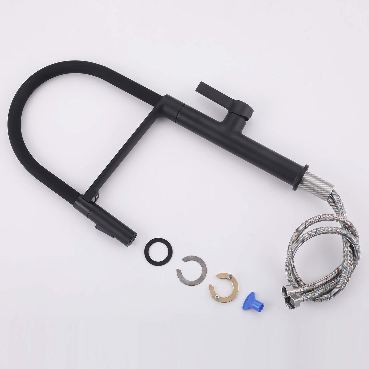 Matte black kitchen faucet with supply lines mounting hardware and installation accessories