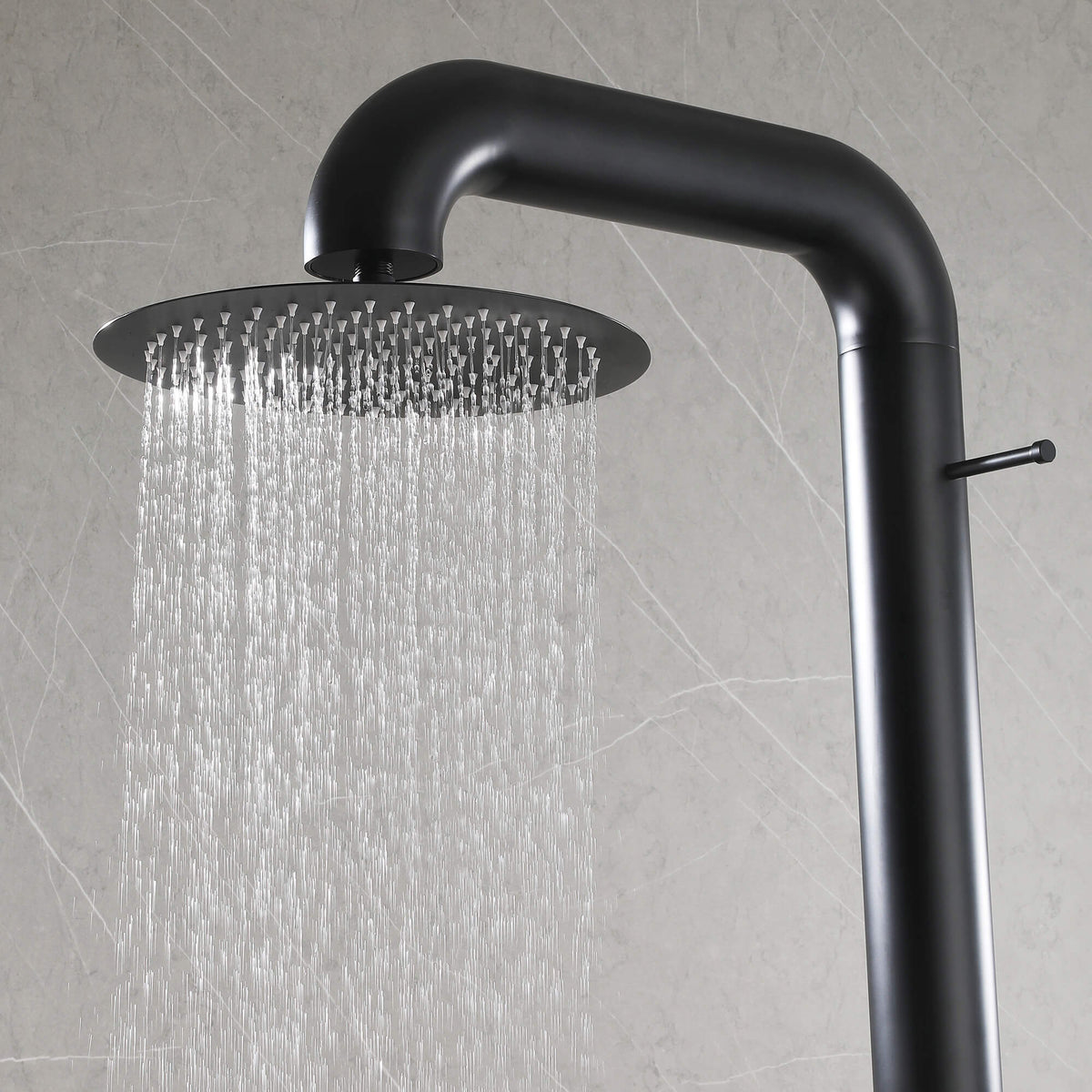 Freestanding Poolside Outdoor Shower with 12-Inch Rainfall Head, Foot Rinse Spout, Shelf & Towel Hook