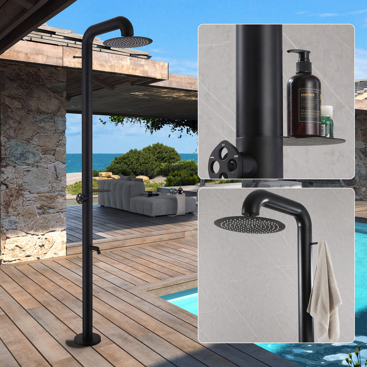Freestanding Poolside Outdoor Shower with 12-Inch Rainfall Head, Foot Rinse Spout, Shelf & Towel Hook