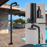 Freestanding Poolside Outdoor Shower with 12-Inch Rainfall Head, Foot Rinse Spout, Shelf & Towel Hook