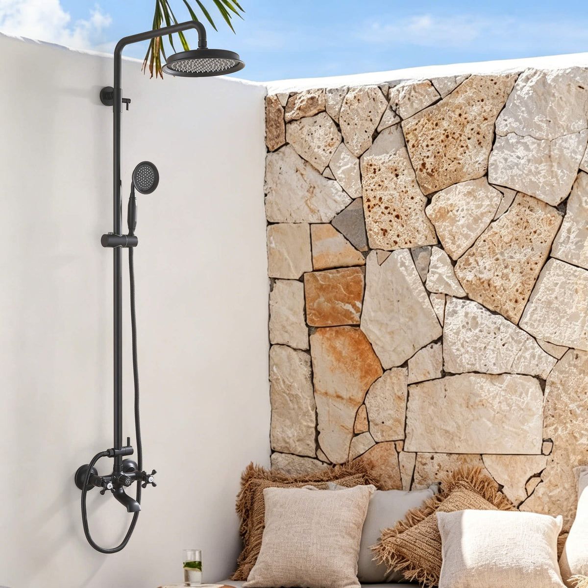3-Function Antique Brass Outdoor Shower with Rainfall Head, Handheld Sprayer & Lower Spout