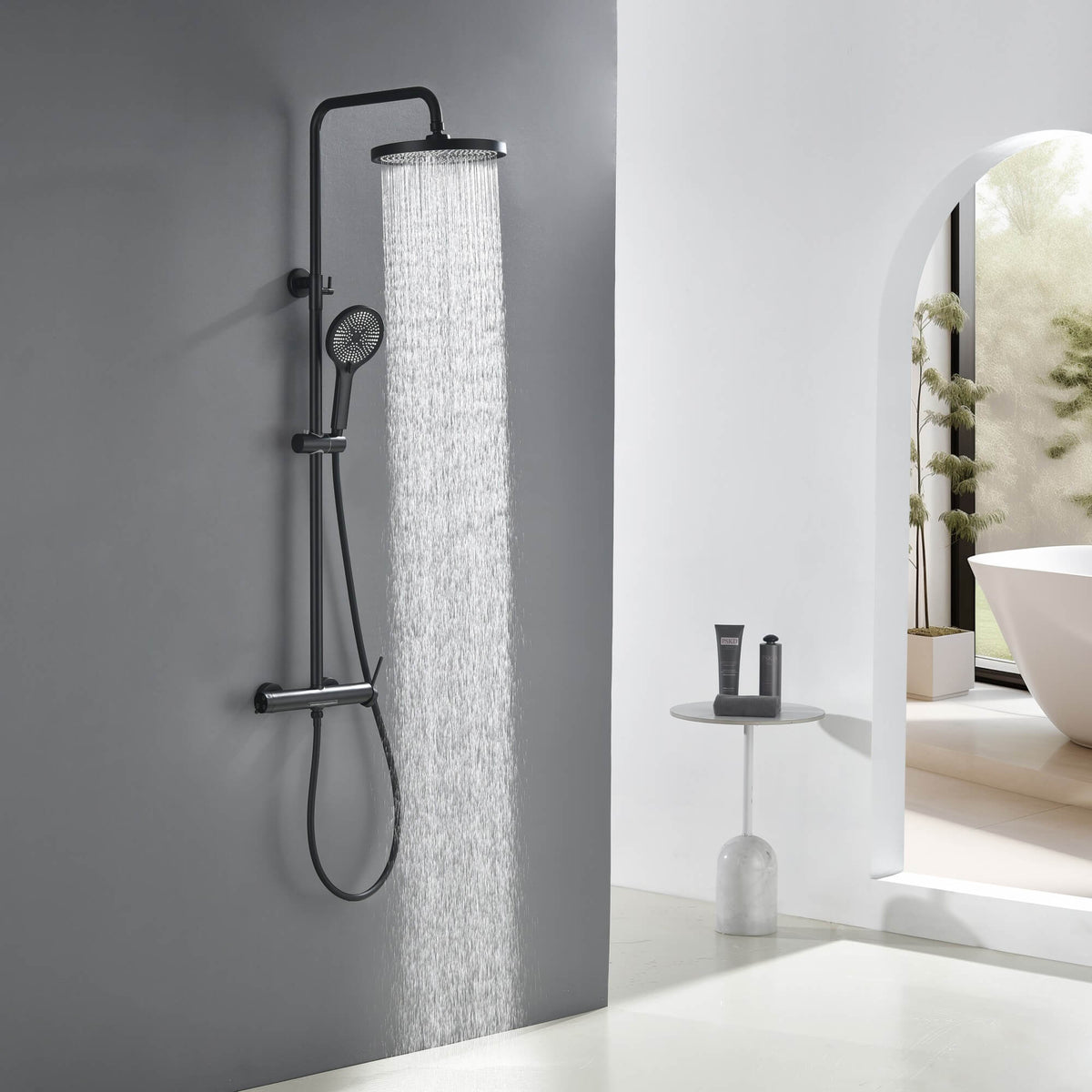 3-Function Exposed Stainless Steel Rain Shower Column with Waterfall Tub Filler