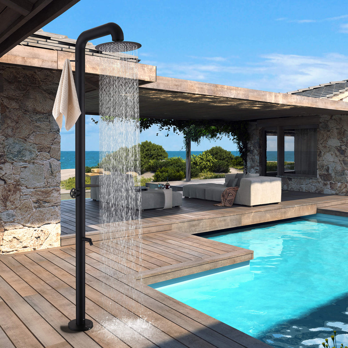 Freestanding Poolside Outdoor Shower with 12-Inch Rainfall Head, Foot Rinse Spout, Shelf & Towel Hook