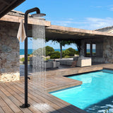 Freestanding Poolside Outdoor Shower with 12-Inch Rainfall Head, Foot Rinse Spout, Shelf & Towel Hook