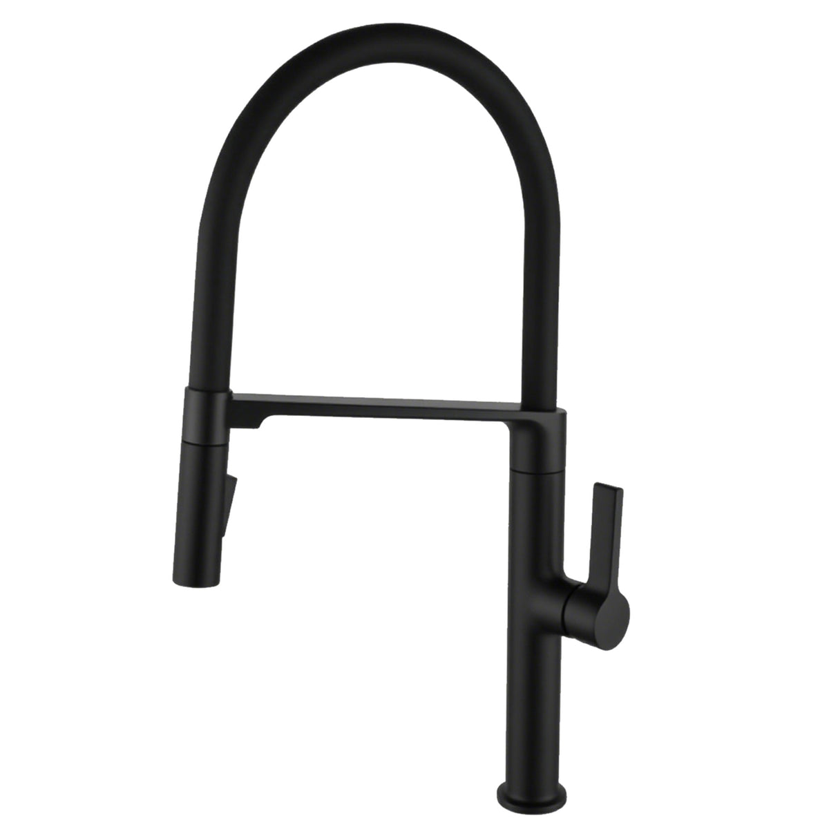 Matte black pull-down kitchen faucet with high arc flexible hose and single lever handle