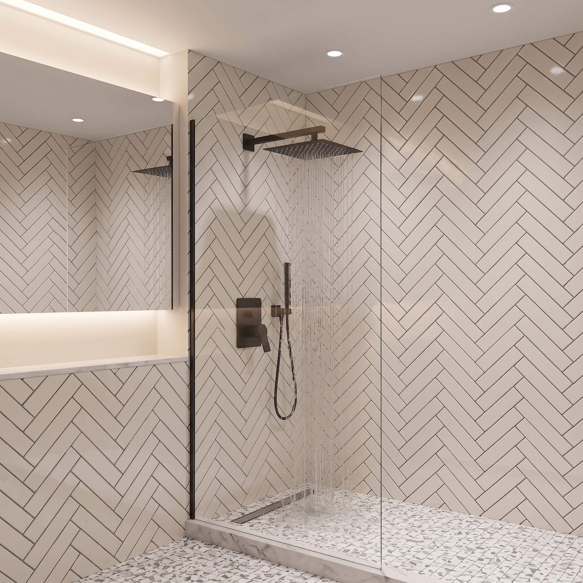 Matte black rainfall shower head delivering wide water flow for a relaxing shower experience