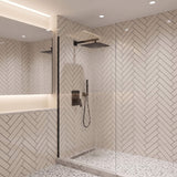Matte black rainfall shower head delivering wide water flow for a relaxing shower experience