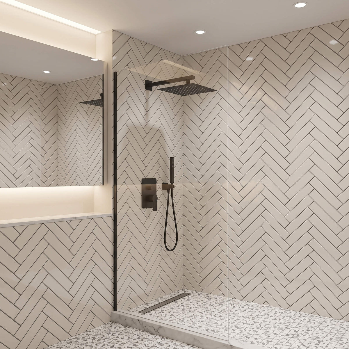 Matte black rain shower system installed in modern bathroom with wall mount shower head and handheld sprayer